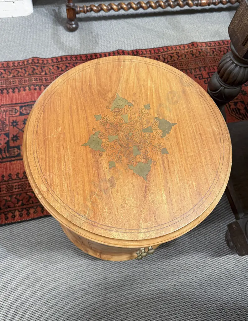 Modern Teak & Brass Inlaid Circular Cabinet Image 1++