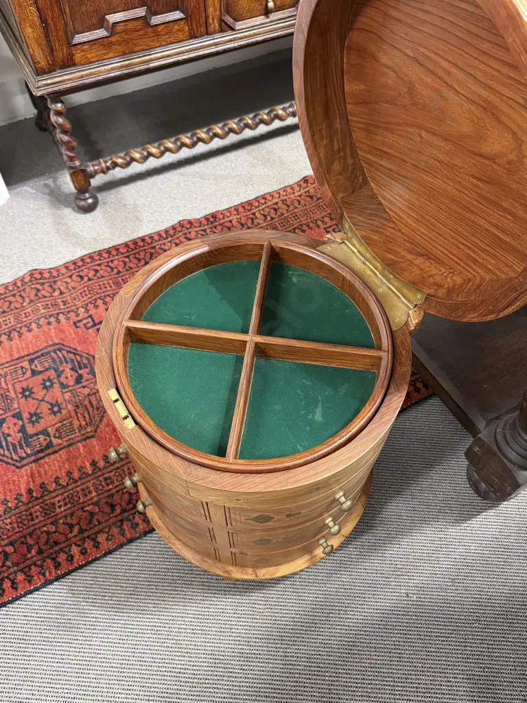 Modern Teak & Brass Inlaid Circular Cabinet Image 1++