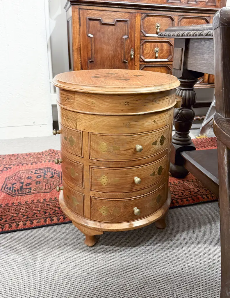 Modern Teak & Brass Inlaid Circular Cabinet Image 1++