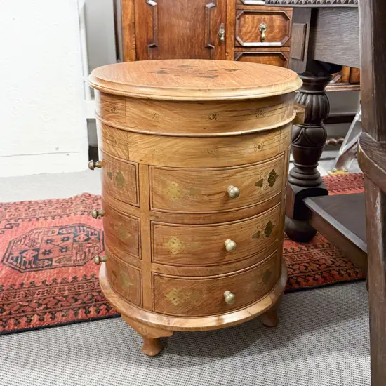 Modern Teak & Brass Inlaid Circular Cabinet