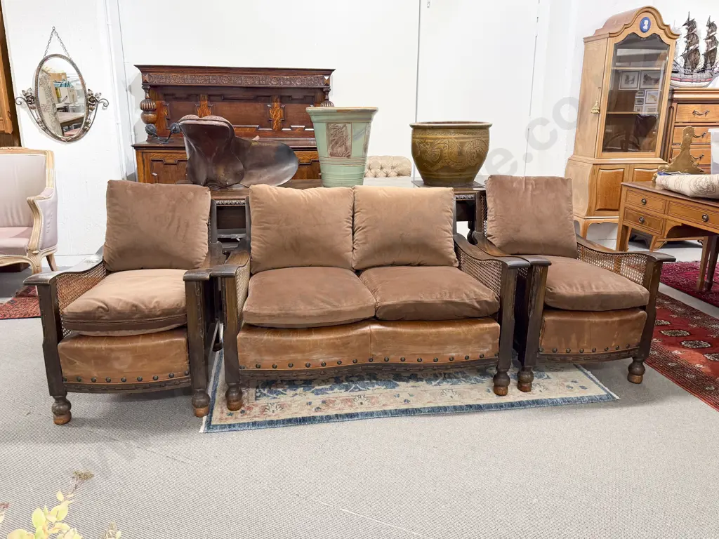Oak 3pce Lounge Suite with Caned Backs and Sides Image 1++