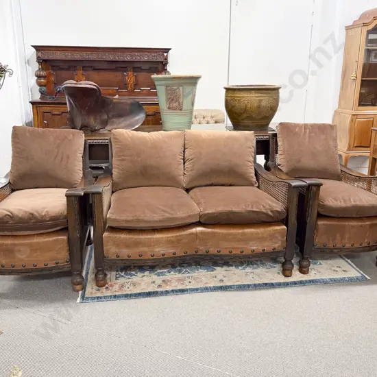 Oak 3pce Lounge Suite with Caned Backs and Sides