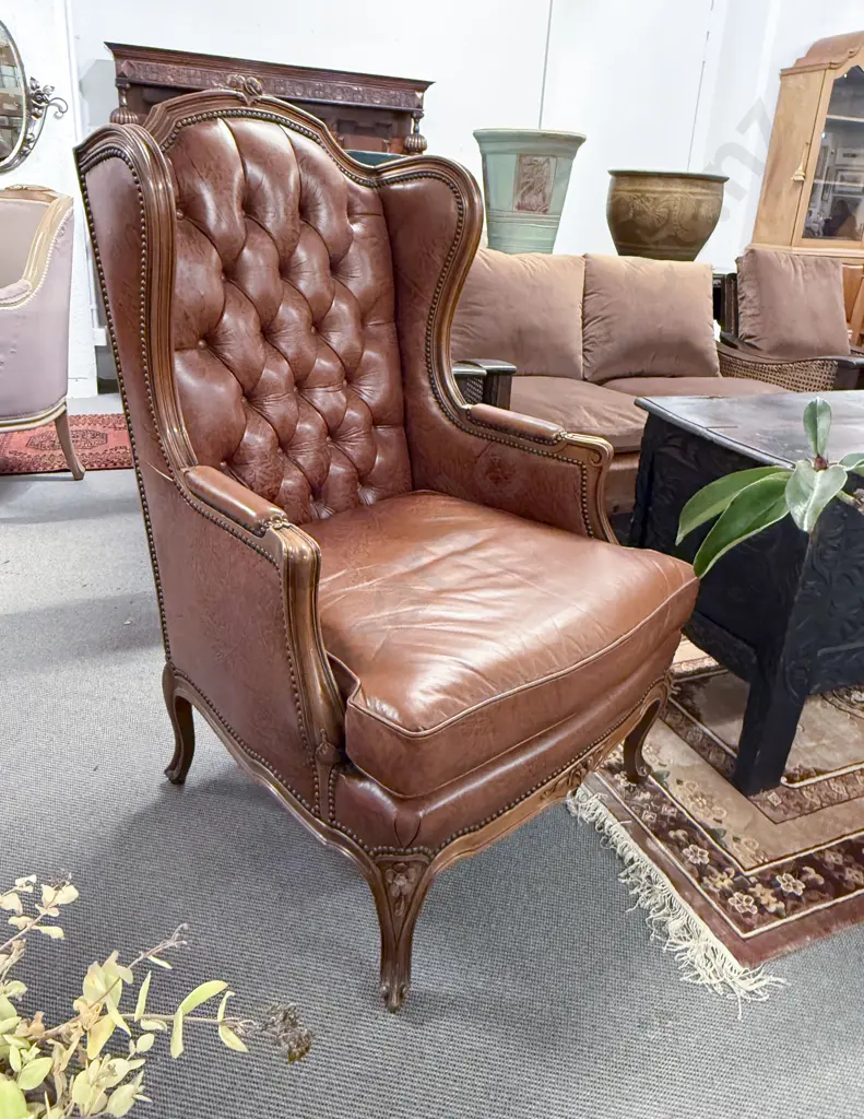 French Style Walnut Button Back Wing Armchair Image 1++