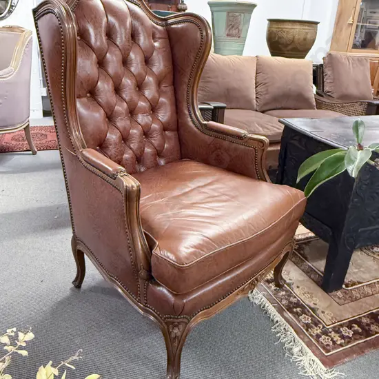 French Style Walnut Button Back Wing Armchair