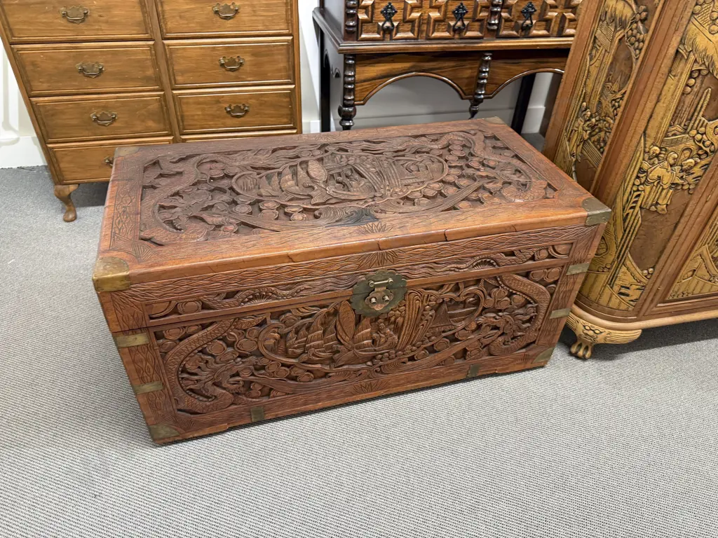 Carved Brassbound Camphorwood Trunk Image 1++