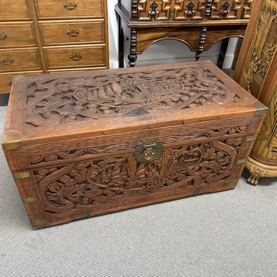 Carved Brassbound Camphorwood Trunk