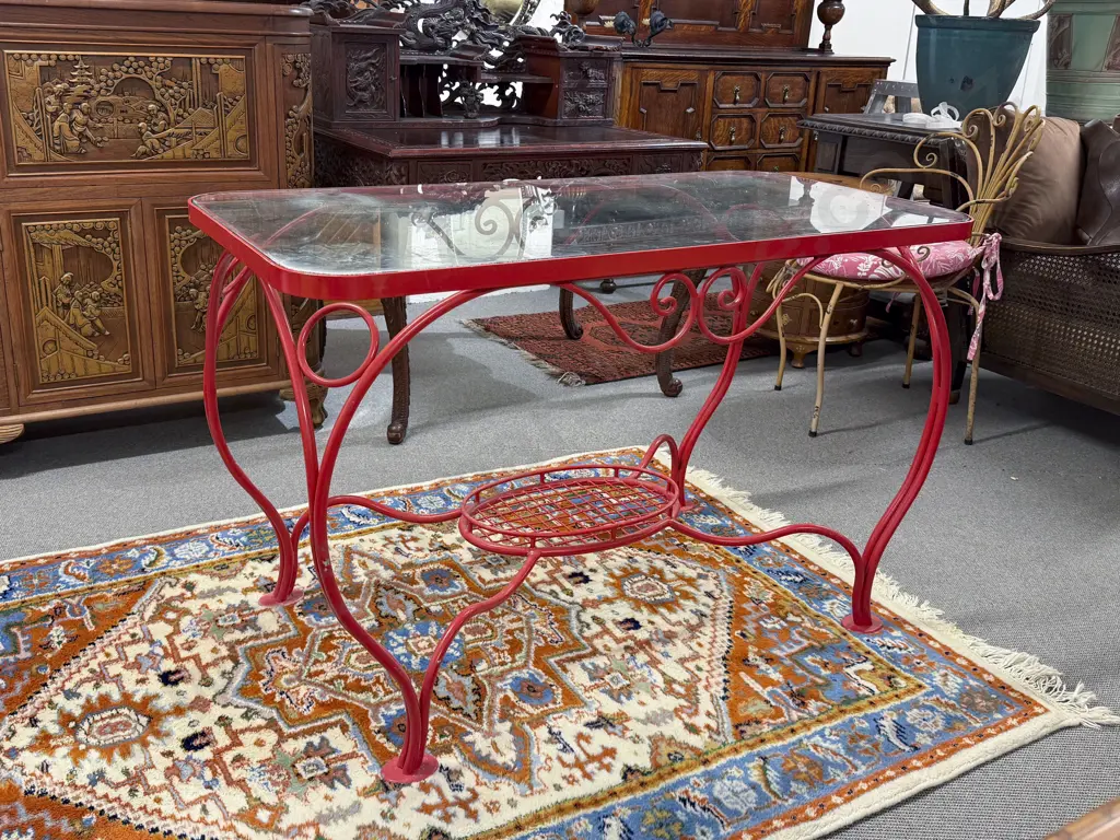 Red Painted Glass Top Metal Patio Table Image 1++