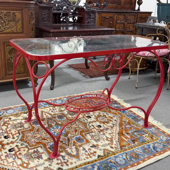 Red Painted Glass Top Metal Patio Table