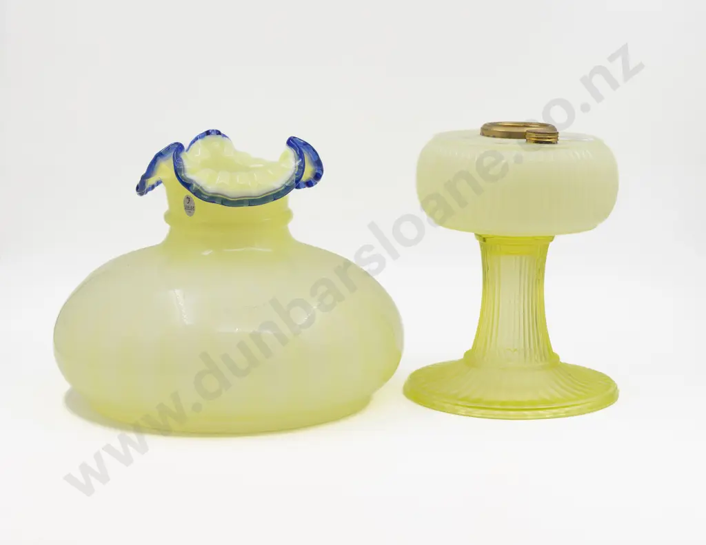 Edwardian Vaseline Glass Kerosene Lamp & Shade Image 1++