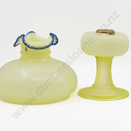 Edwardian Vaseline Glass Kerosene Lamp & Shade