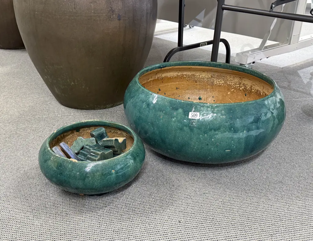 Two Green Glazed Ceramic Planters Image 1++