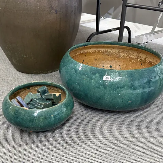 Two Green Glazed Ceramic Planters