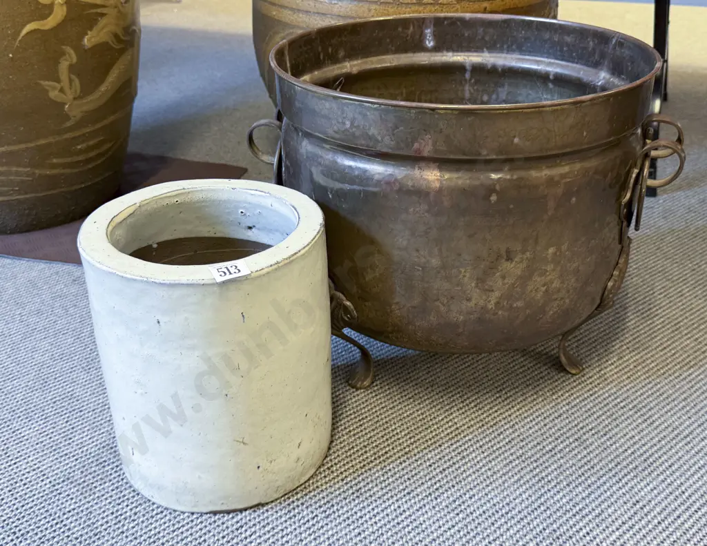 Two Handled Copper Jardiniere & Cylindrical Ceramic Planter Image 1++