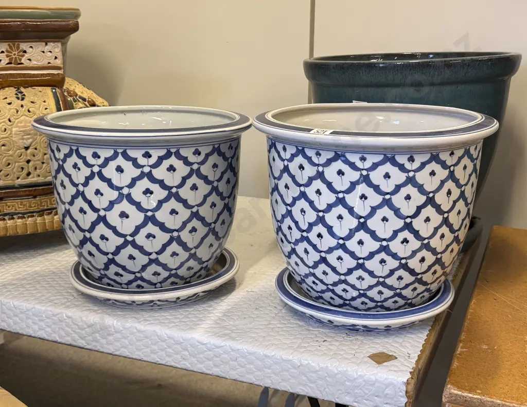 Pair Modern Blue & White Planters with Drip Trays Image 1++
