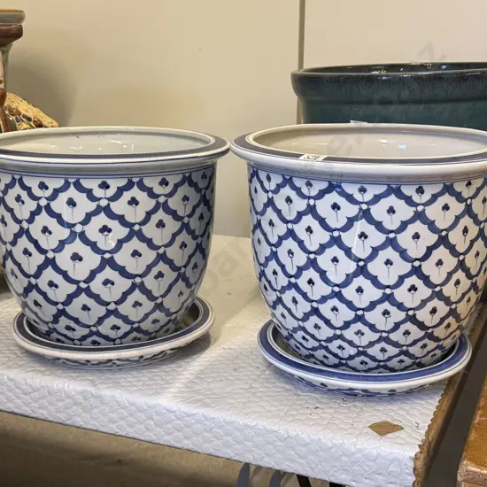 Pair Modern Blue & White Planters with Drip Trays