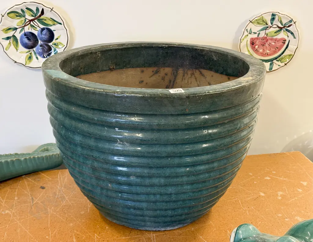 Turquoise Glazed Ribbed Planter Image 1++