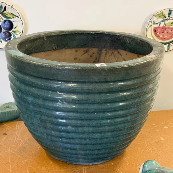 Turquoise Glazed Ribbed Planter