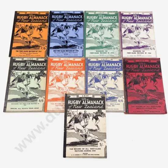 Nine Editions of The Rugby Almanac of NZ Mostly 1950's