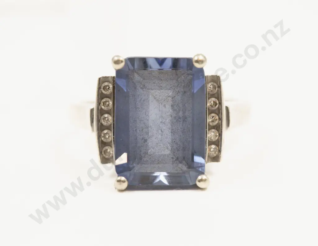 9ct White Gold Eleven Stone Synthetic Sapphire and Diamond Dress Ring Image 1++