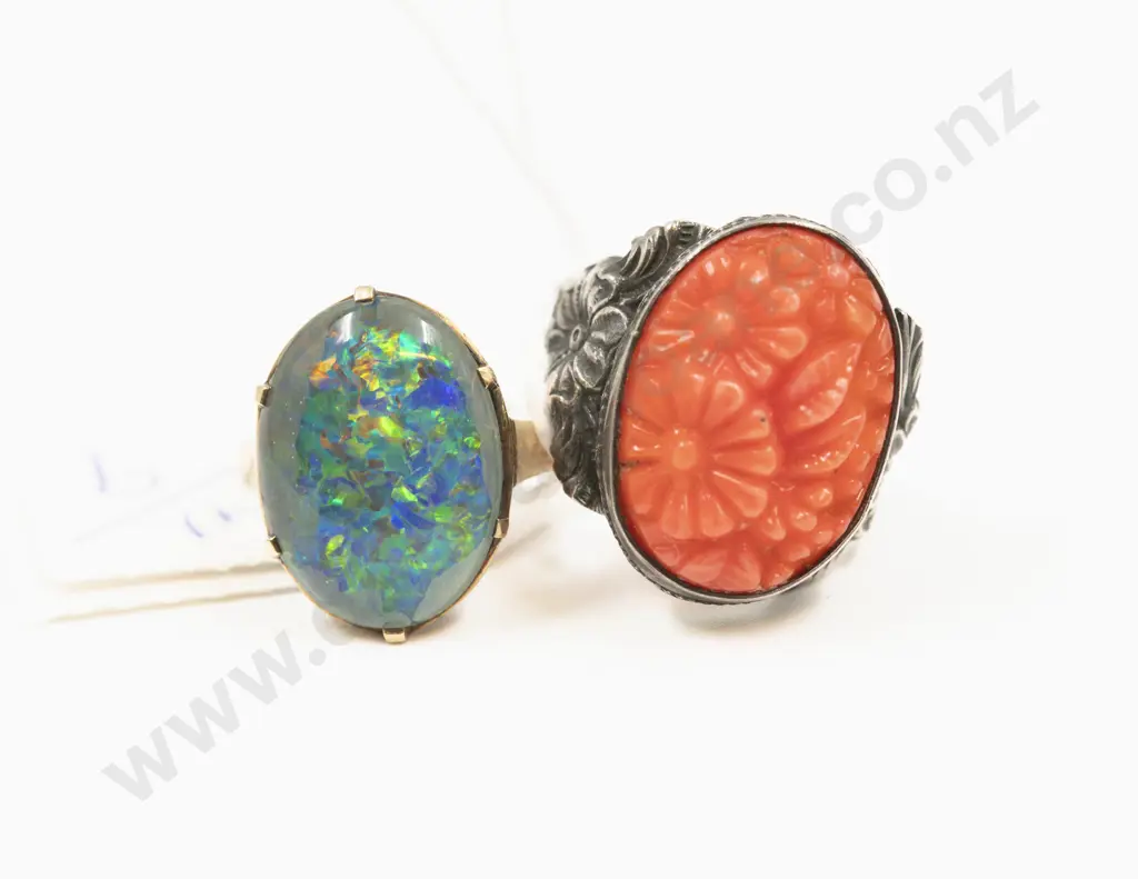 9ct Single Opal Doublet Ring and S/S Engraved Coral Ring Image 1++
