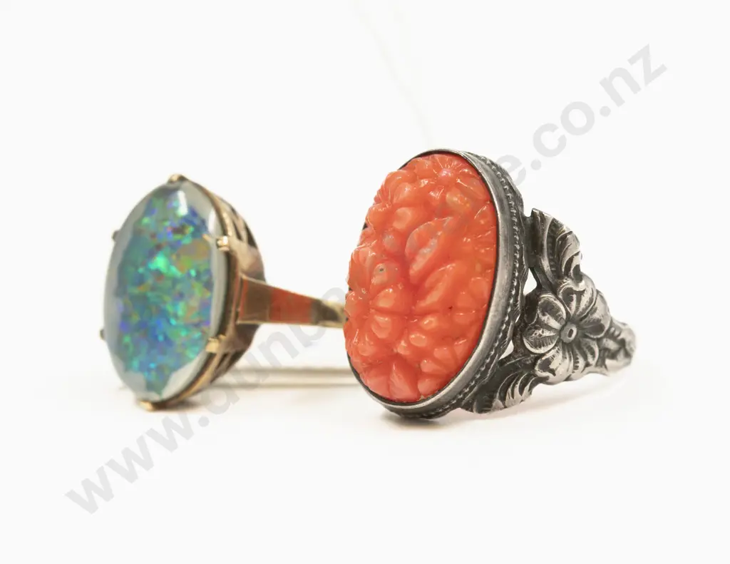 9ct Single Opal Doublet Ring and S/S Engraved Coral Ring Image 1++