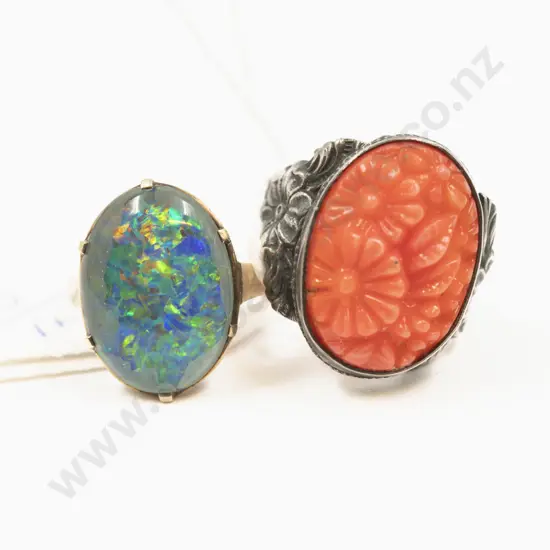 9ct Single Opal Doublet Ring and S/S Engraved Coral Ring