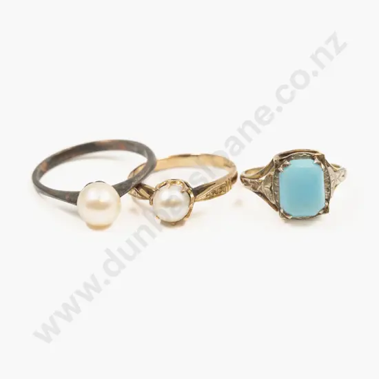 Three 9ct Cultured Pearl and Turquoise Rings