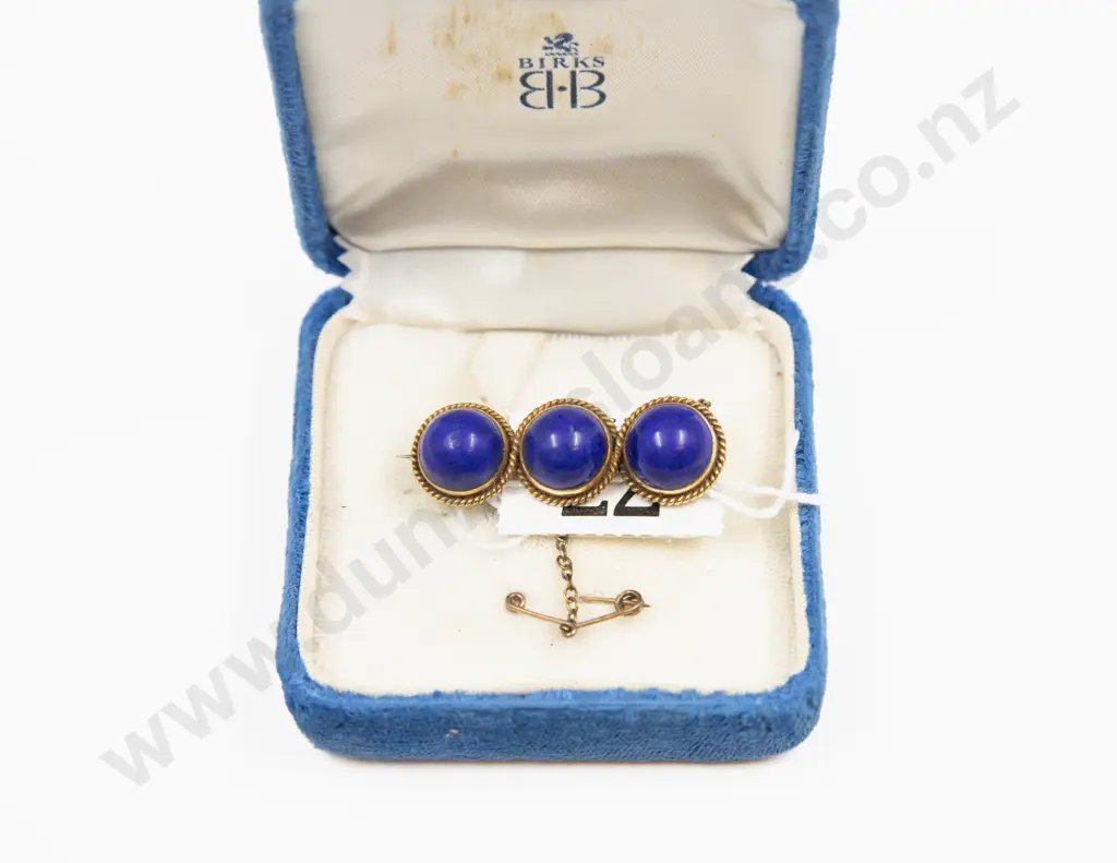 14ct Framed Three Stone Lapis Bar Brooch Image 1++