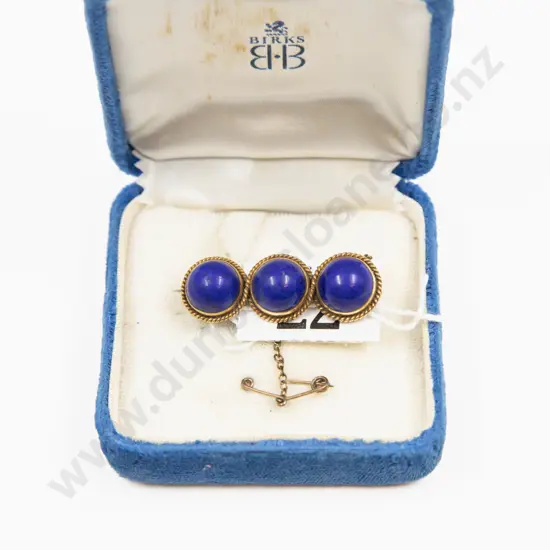14ct Framed Three Stone Lapis Bar Brooch
