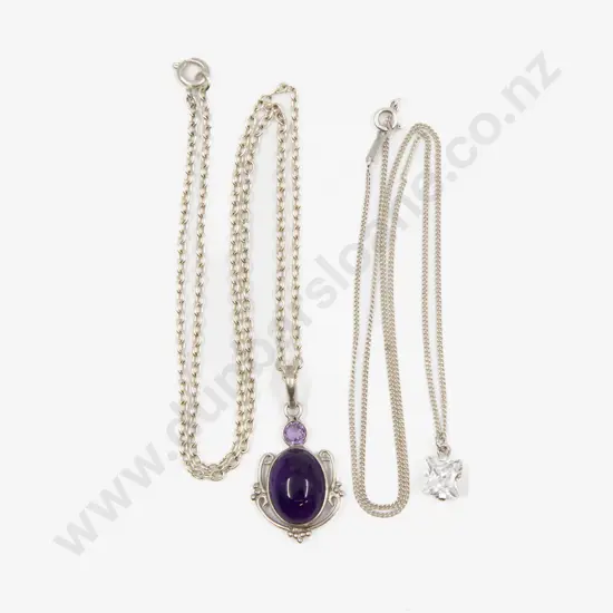 S/S Two Stone Amethyst Pendant and Clear Crystal Pendant