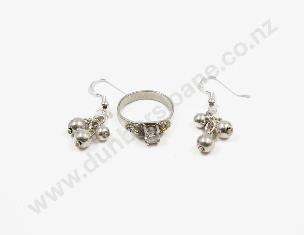 S/S Single Stone Clear Crystal Solitaire Ring and Pair Pendant Drop Earrings Image 1++