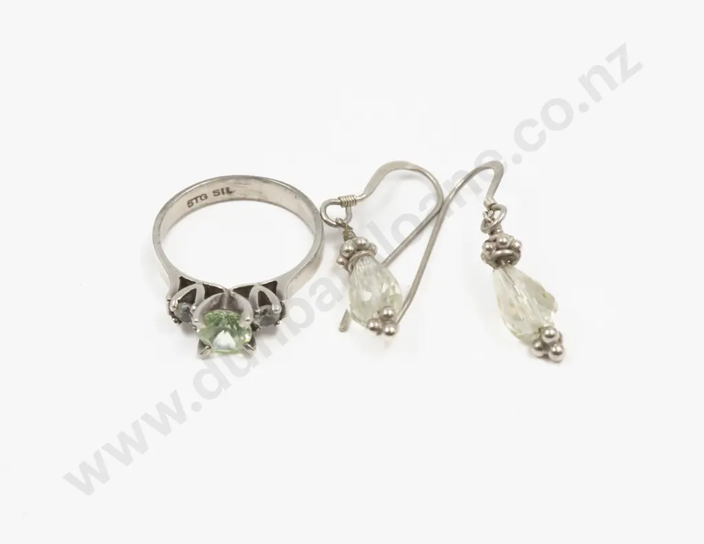 S/S Three Stone Yellow and Clear Crystal Ring with Pair Pendant Drop Earrings Image 1++