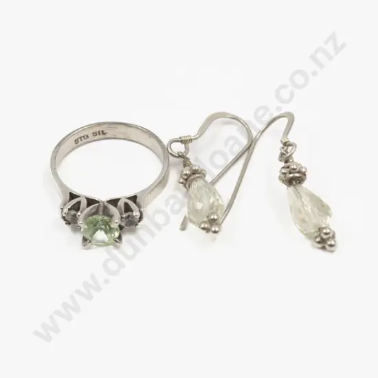 S/S Three Stone Yellow and Clear Crystal Ring with Pair Pendant Drop Earrings