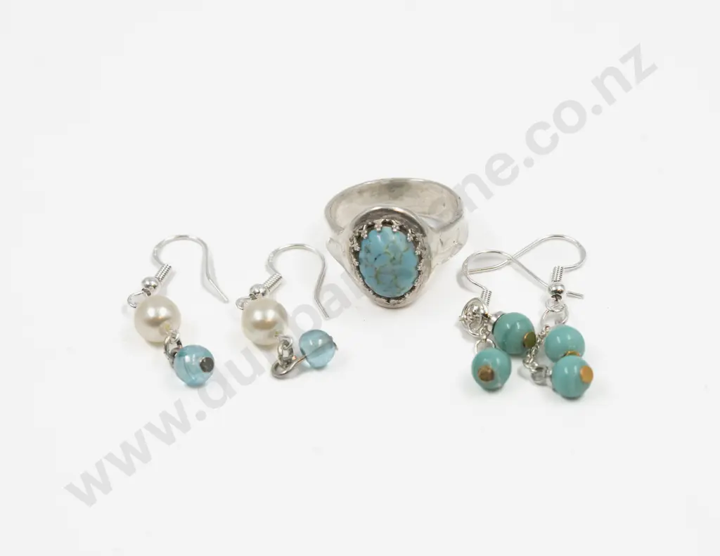S/S Single Stone Turquoise Ring and Two Pairs of Pendant Drop Earrings Image 1++