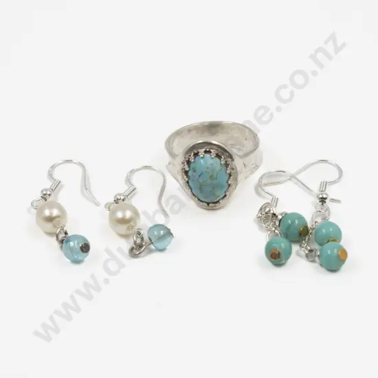 S/S Single Stone Turquoise Ring and Two Pairs of Pendant Drop Earrings