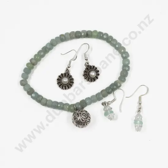 Single Strand Uniform Aquamarine Crystal Bead Bracelet and Two Pair S/S Earrings