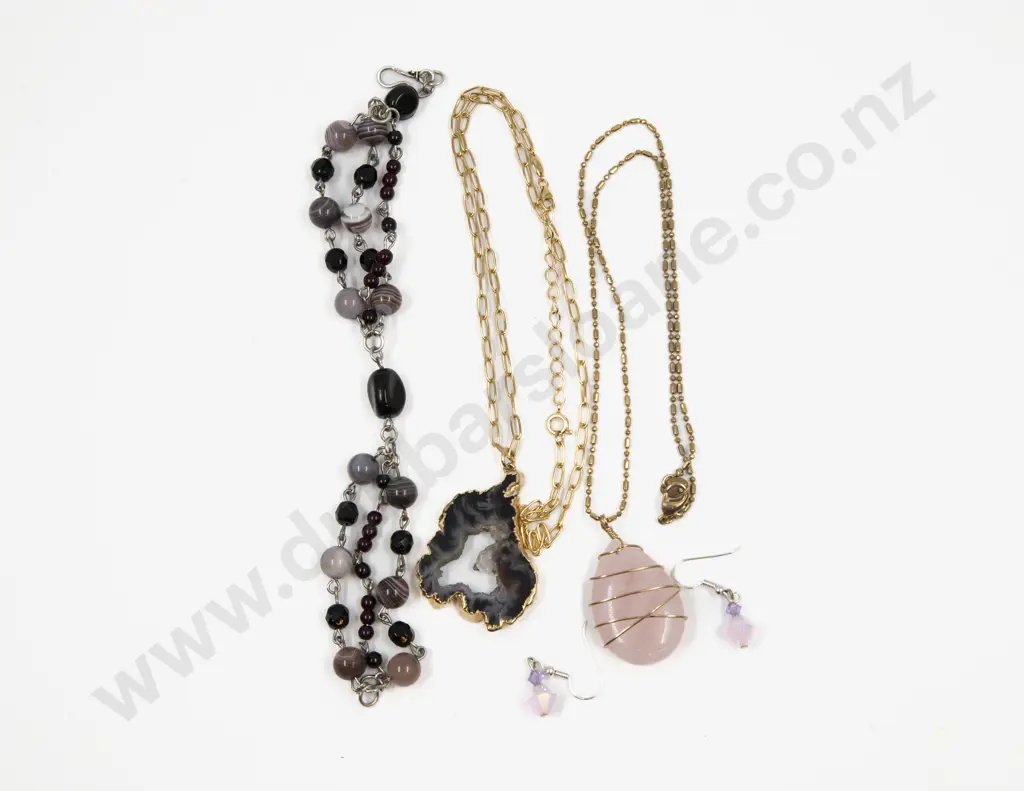 Rose Quartz Pendant with Pendant Drop Earrings Beaded Bracelet and Other Image 1++