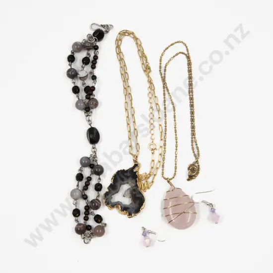 Rose Quartz Pendant with Pendant Drop Earrings Beaded Bracelet and Other
