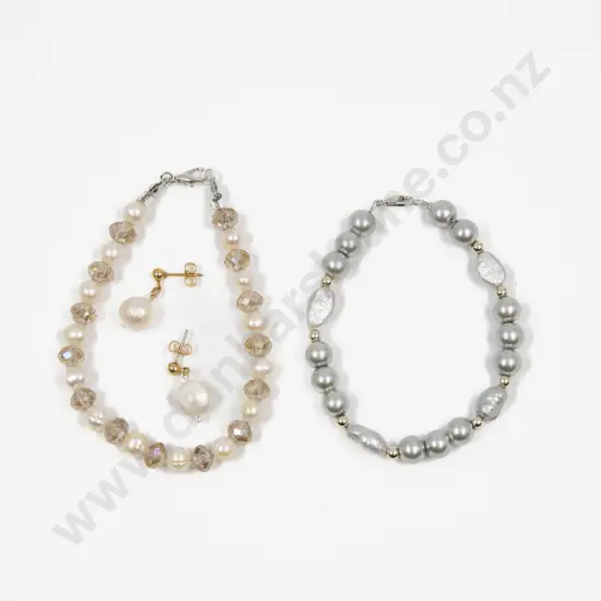 Two Single Strand Uniform Fresh Water Pearl Bracelets with Pair of Earrings