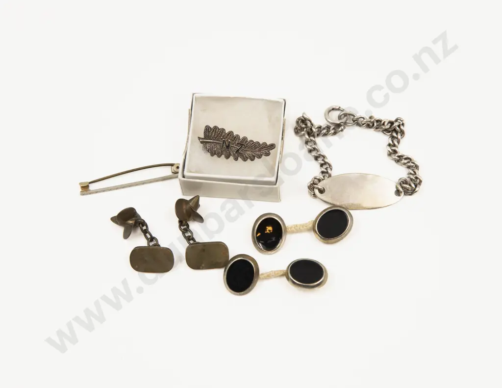 NZ S/S Fern Brooch Bar Brooch Two Pair Cufflinks and Identification Bracelet Image 1++