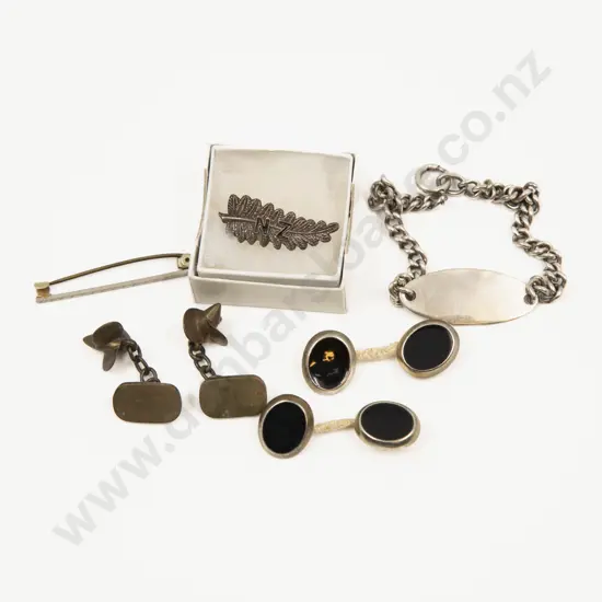 NZ S/S Fern Brooch Bar Brooch Two Pair Cufflinks and Identification Bracelet