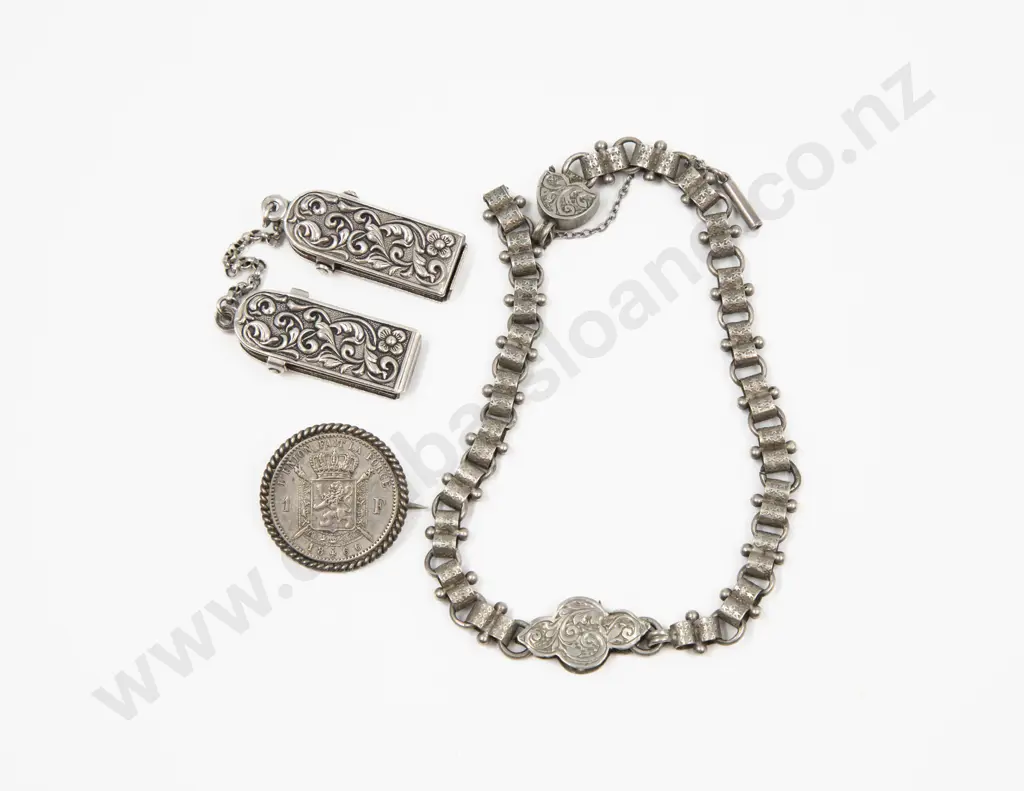 Victorian Silver Neck Chain (a/f) with 1 Franc Silver Coin Brooch and Other Image 1++