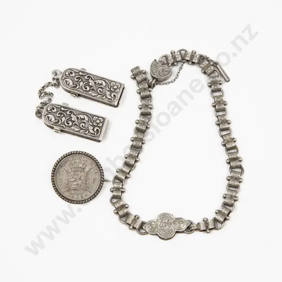 Victorian Silver Neck Chain (a/f) with 1 Franc Silver Coin Brooch and Other