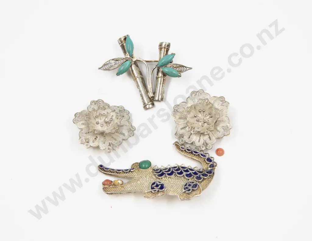 S/S Filigree Enamel Coral and Turquoise Bead Alligator Brooch Image 1++