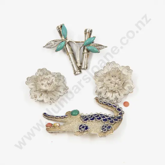S/S Filigree Enamel Coral and Turquoise Bead Alligator Brooch