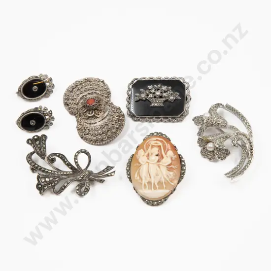 S/S Marcasite and Onyx Brooch and Earrings together with Assorted Filigree and Marcasite Jewellery
