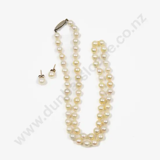 Single Strand Uniform Cultured Pearl Necklace and Pair Stud Earrings