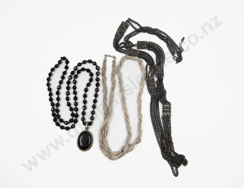 S/S Framed Onyx Pendant on French Jet Beaded Necklace and Two Others Image 1++