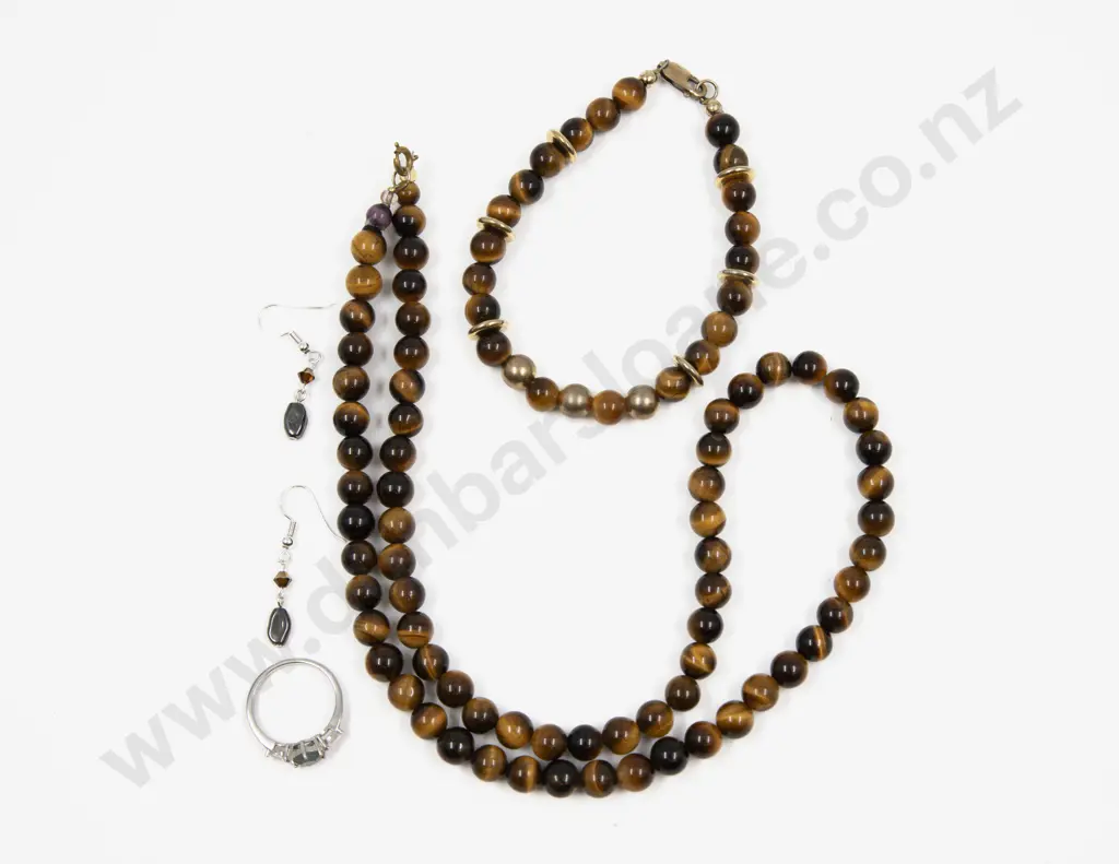 Single Strand Tiger Eye Bead Necklace and Matching Bracelet Image 1++