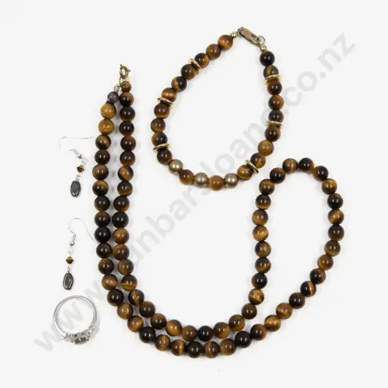 Single Strand Tiger Eye Bead Necklace and Matching Bracelet